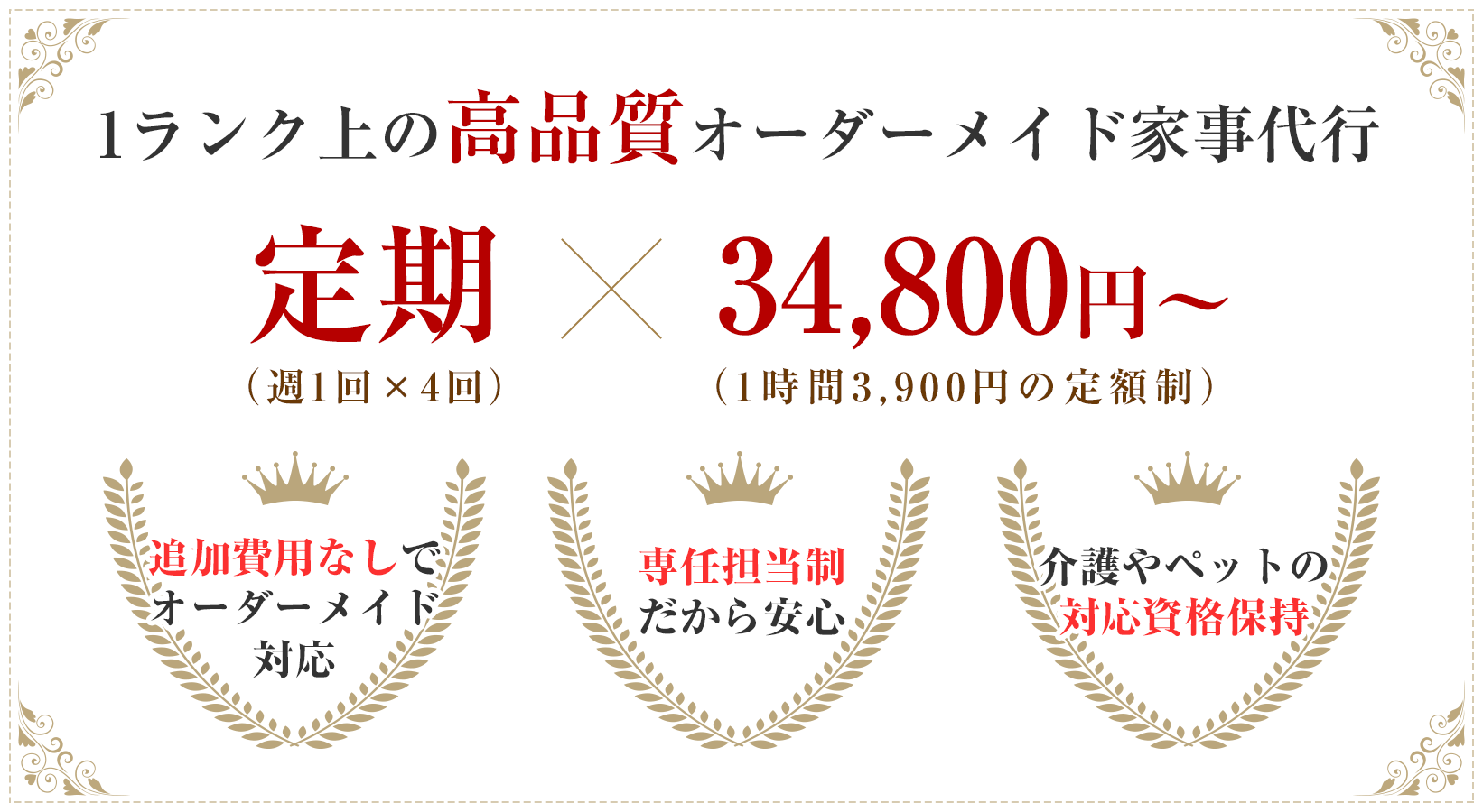 1ランク上の高品質オーダーメイド家事代行　定額(周囲1回×4回)×34,800円～(1時間3,900円の定額制)　追加費用なしでオーダーメイド対応 専任担当制だから安心 ペットの対応資格保持